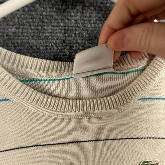 Lacoste Men Sweater Knit Croc Logo Striped Off White Casual Size 4 Medium Adult - Picture 9 of 16